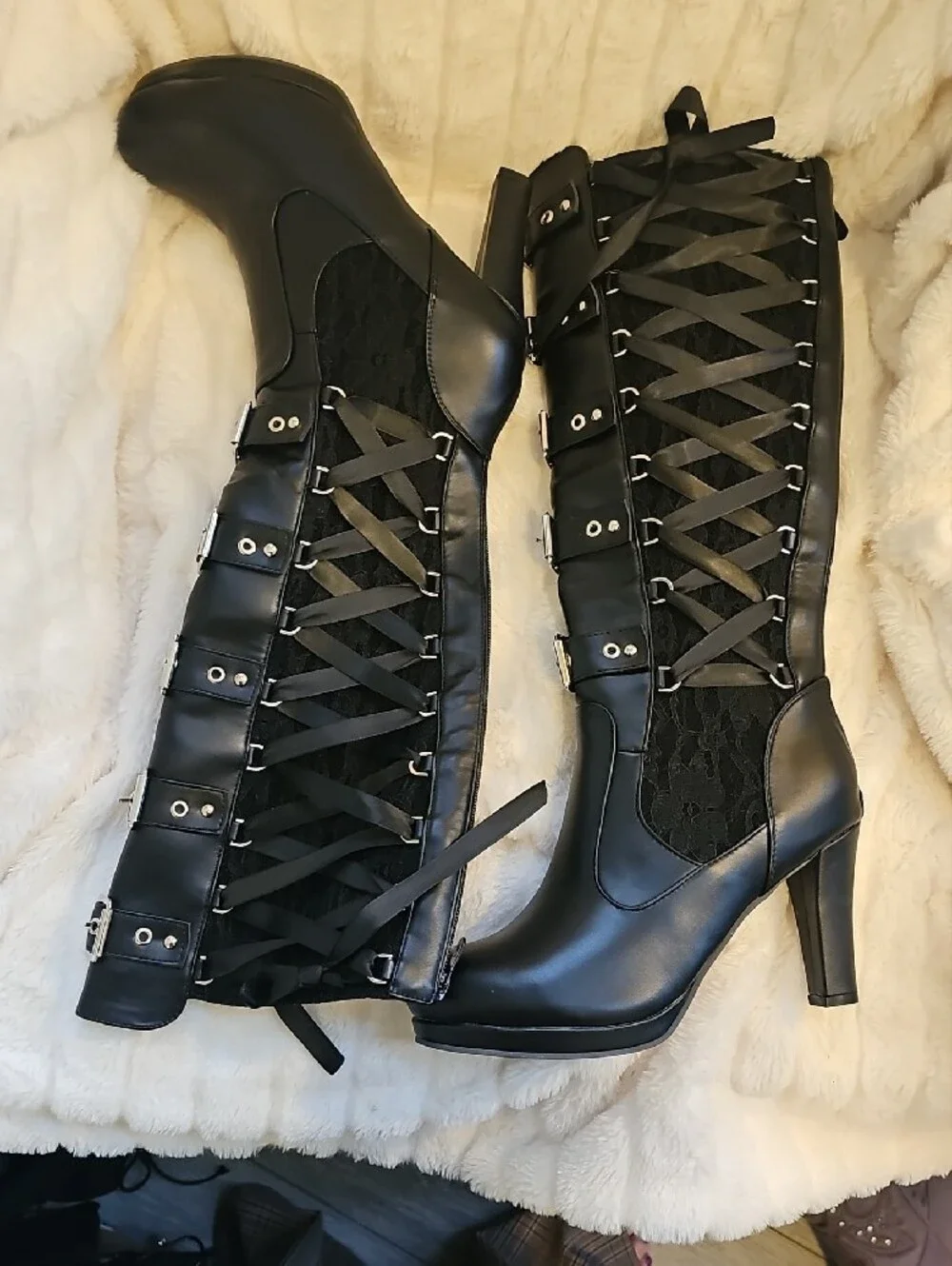 Black Knee High Lace-Up Heeled Boots with Buckle Straps